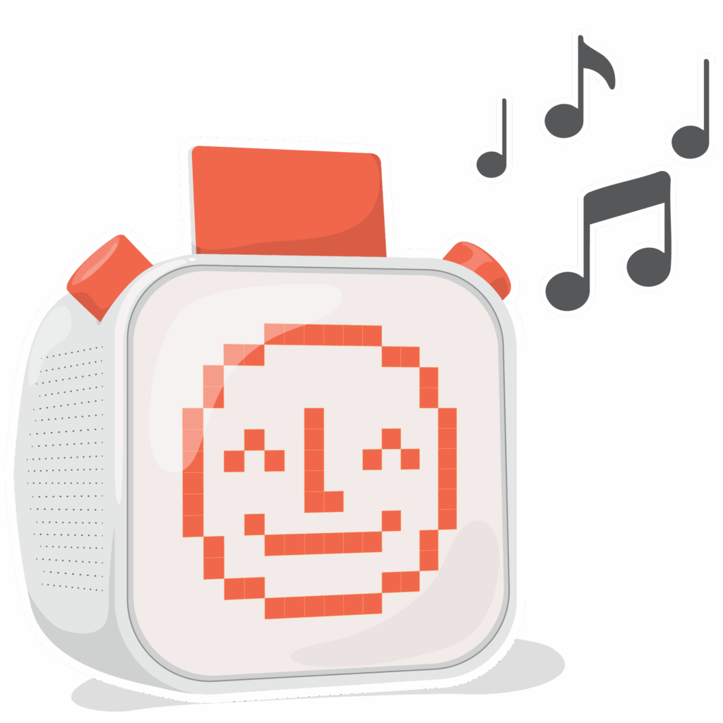Illustration of a Yoto player with musical notes coming out, symbolizing music playing.