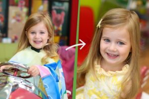 Before and after a haircut at Pigtails & Crewcuts