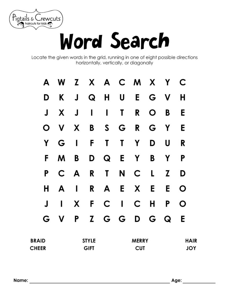 Pigtails & Crewcuts Holiday word search activity sheet