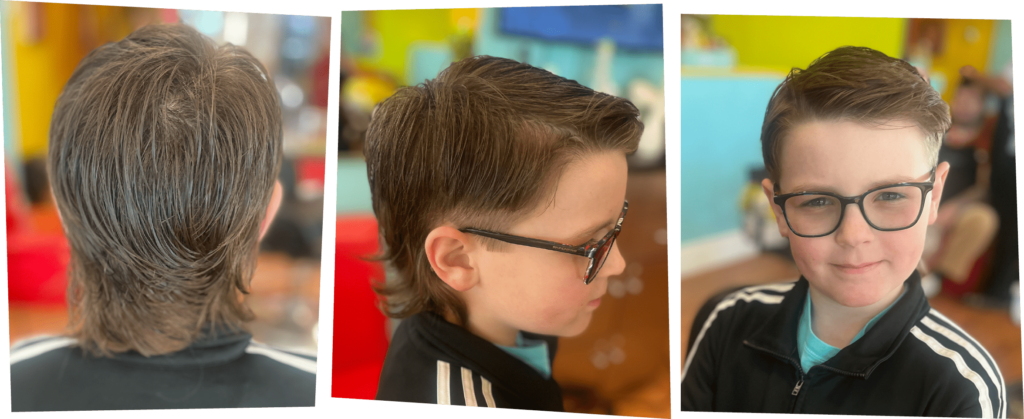 Back, sides, and front of a mullet on a happy boy at Pigtails & Crewcuts