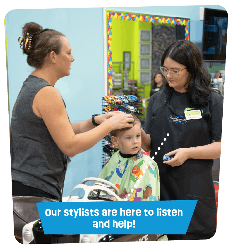 Mom and a Pigtails & Crewcuts stylist discussing her child's haircut